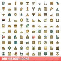 100 history icons set, color line style vector