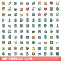 100 interface icons set, color line style vector