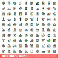 100 fitness icons set, color line style vector