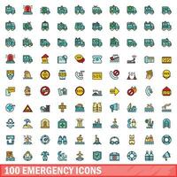 100 emergency icons set, color line style vector