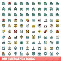100 emergency icons set, color line style vector