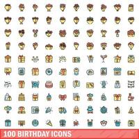 100 birthday icons set, color line style vector