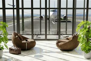 3D interior of airport, airplane in window, flight waiting area, concept of travel lounge area for business class photo