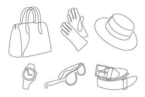 Women's accessories drawn in one continuous line. One line drawing, minimalism. Vector illustration.