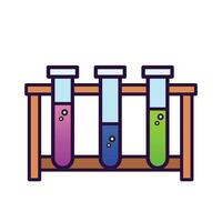 Three colored pink, green, and blue test tubes in wooden container with science theme vector icon illustration outlined isolated on square white background. Simple flat cartoon art styled drawing.