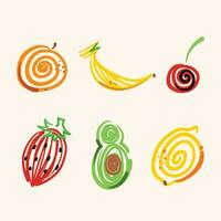 Abstract colorful vector fruits doodle brush strokes vector set collection icon isolated on square light yellow plain background. Drawing for social media post, poster, brochure, prints and others