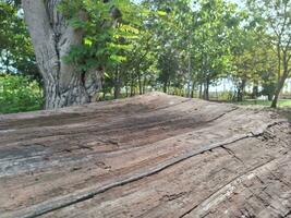 un imagen de un de madera tablón con grietas y un borroso vista. foto