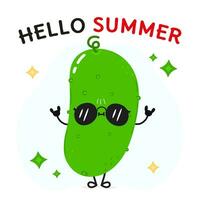 Cucumber character. Hello summer card. Vector hand drawn cartoon kawaii character illustration icon. Isolated on white background. Cucumber character concept