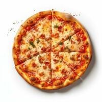 AI generated Top view of pizza isolated on white background. Photo for restaurant menu, advertising, delivery, banner