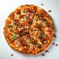 AI generated Top view of pizza isolated on white background. Photo for restaurant menu, advertising, delivery, banner
