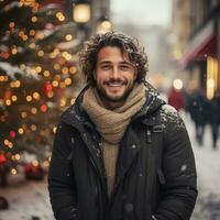 ai generado retrato de un hermoso joven hombre durante Navidad compras. negocio retrato. Encendiendo atmósfera con calle centro comercial antecedentes y Navidad decoración foto