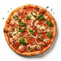 AI generated Top view of pizza isolated on white background. Photo for restaurant menu, advertising, delivery, banner