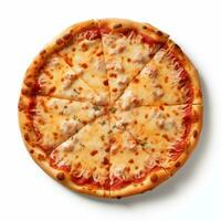 AI generated Top view of cheesy pizza isolated on white background. Photo for restaurant menu, advertising, delivery, banner