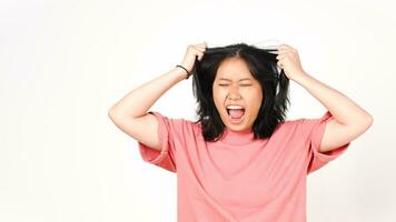 Angry Stressed and Pull Hair Of Beautiful Asian Woman Isolated On White Background photo