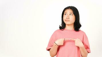 Looking above while thinking thoughtful Of Beautiful Asian Woman Isolated On White Background photo