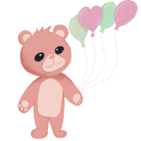 Watercolor of a bear standing and holding a balloon happy mood png