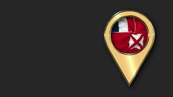 Wallis and Futuna Gold Location Icon Flag Seamless Looped Waving, Space on Left Side for Design or Information, 3D Rendering video