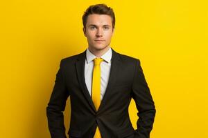 AI generated A handsome businessman standing in front of a yellow background, Generative AI photo