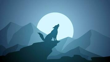 Wildlife wolf landscape vector illustration. Scenery of wolf howling silhouette in the cliff. Wolf wildlife panorama for illustration, background or wallpaper