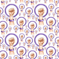 Watercolor illustration pattern of a female hand with a raised fist in a lilac circle. Women's march. The strength of a girl. The concept of feminism. Realistic isolated Drawn by hand. png