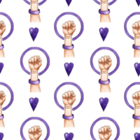 Watercolor illustration pattern of a female hand with a raised fist in a lilac circle and a heart. Women's march. The strength of a girl. The concept of feminism. Realistic isolated. drawn png