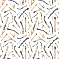 Watercolor illustration of matchstick pattern. Get the flame. Light the fire. Burnt wooden stick. Hand drawn doodles. Isolated . Drawn by hand. png