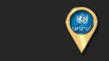 unido naciones para niños fondo, unicef oro ubicación icono bandera sin costura serpenteado ondulación, espacio en izquierda lado para diseño o información, 3d representación video