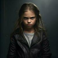 AI generated Moody and angry 8-year-old girl on dark background. High-resolution. AI Generative photo