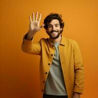 AI generated Photo of the smiling man waving his hand on a yellow background. High quality. AI Generative