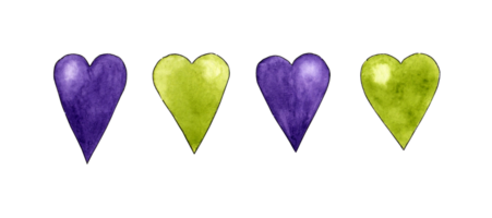 Watercolor illustration set of lilac and green hearts, eighth march and feminism colors. Festive card for Valentine's Day, wedding, anniversary. Isolated . Drawn by hand. png