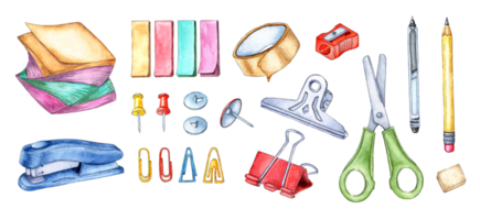 Collection of watercolor illustrations sticker block, bookmarks, adhesive tape, sharpener, pen, pencil, clip, scissors, eraser, paper clips, buttons, stapler. Separate clipart elements. Isolated png