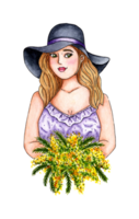 Watercolor illustration of a girl in a hat with a bouquet of mimosas in her hands. Woman with yellow flowers for International Women's Day. Isolated . Drawn by hand. png