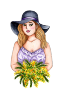 aquarelle illustration de une fille dans une chapeau avec une bouquet de Des mimosas dans sa mains. femme avec Jaune fleurs pour international aux femmes journée. isolé . tiré par main. png