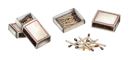 Watercolor illustration set of matchboxes full of red matches. Get the flame. Light the fire. Burnt wooden stick. Hand drawn doodles. Isolated. Drawn by hand. png