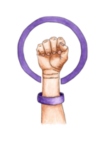 Watercolor illustration of a female hand with a fist raised up in a lilac circle. Women's march. The strength of a girl. The concept of feminism. Realistic isolated. Drawn by hand. png