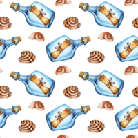Watercolor illustration of a pattern of bottles with a message and seashells. Seamless repeating print Request for help, sea mail and clams. Isolated. Drawn by hand. png