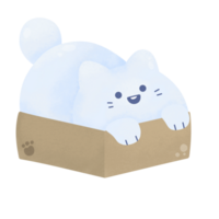 mignonne content chat sourire dans boîte blanc neige pour hiver Nouveau année et Noël aquarelle dessin animé style png