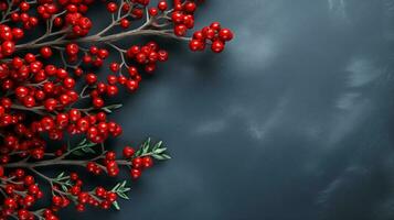 AI generated Christmas grey board frame with branches of red berries covered in frost. Copy space.New year background. Top view, flat lay. Banner. photo