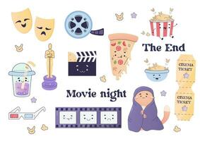 Set, stickers, movie night, cozy film watching at home vector