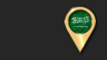 KSA, Kingdom of Saudi Arabia Gold Location Icon Flag Seamless Looped Waving, Space on Left Side for Design or Information, 3D Rendering video