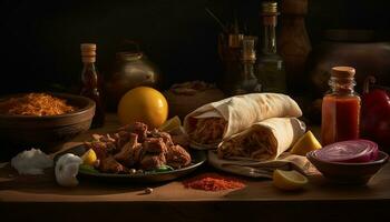 ai generado un gastrónomo mexicano comida con A la parrilla carne, Fresco verduras, y salsa generado por ai foto