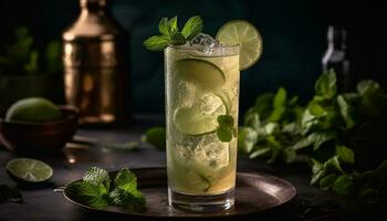 AI generated Refreshing mojito cocktail with lime, mint leaf, and citrus fruit generated by AI photo