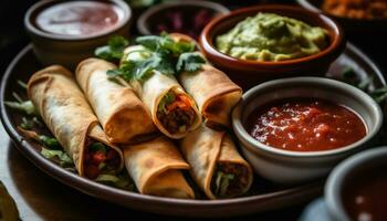 ai generado frescura y especia en un hecho en casa mexicano vegetariano comida generado por ai foto