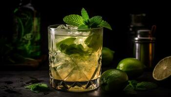 AI generated Refreshing mojito cocktail with lime, mint leaf, and citrus fruit generated by AI photo