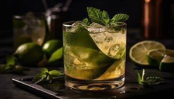 AI generated Refreshing mojito cocktail with lime, mint leaf, and citrus fruit generated by AI photo