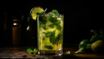 AI generated Refreshing mojito cocktail with lime, mint leaf, and citrus fruit generated by AI photo