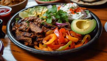 ai generado Fresco hecho en casa taco en un plato con A la parrilla carne y vegetales generado por ai foto