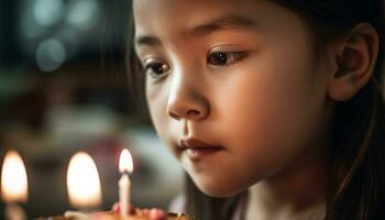 ai generado un linda niña sonriente, participación un vela, celebrando su cumpleaños generado por ai foto