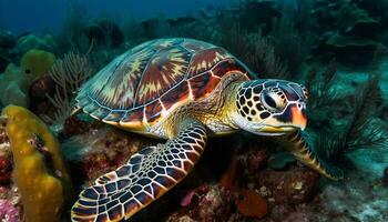 ai generado un hermosa mar Tortuga nadando en el submarino arrecife generado por ai foto