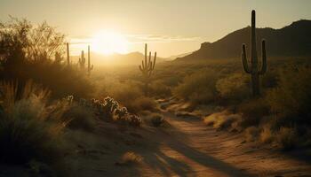 AI generated Tranquil sunset over arid mountains, dusty footpath leads west generated by AI photo